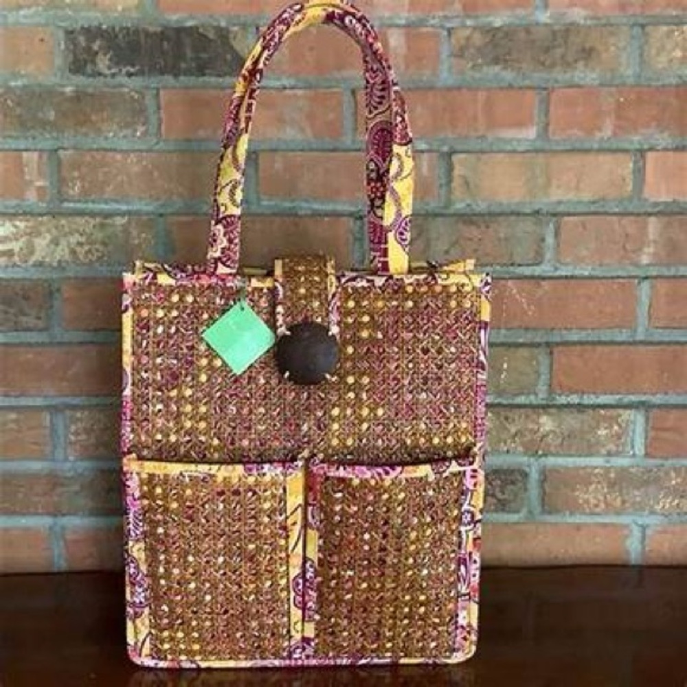 VERA BRADLEY NWOT RATTAN WICKER TIKI TOTE BAG IN BALI YELLOW